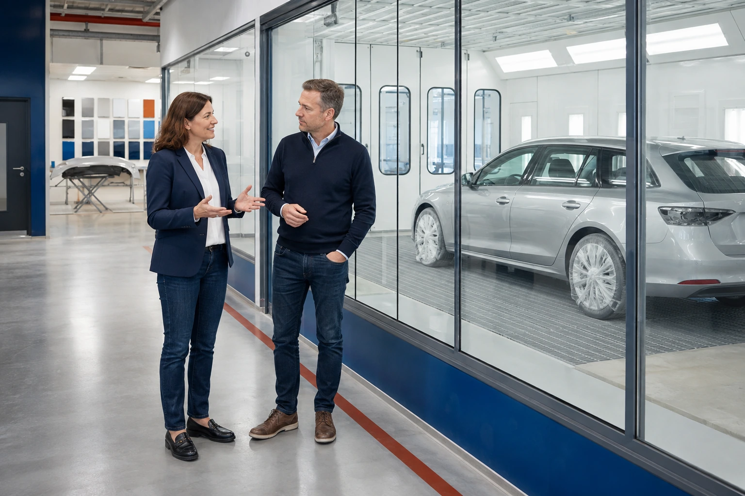 Eigentümerin und Kaufinteressent vor einer hellen Fahrzeuglackierkabine